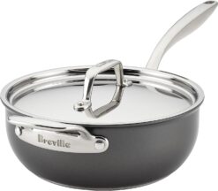 Breville Thermal Pro Hard Anodized Nonstick Sauce Pan Saucepan Saucier with Lid and Helper Handle, 4 Quart, Gray
