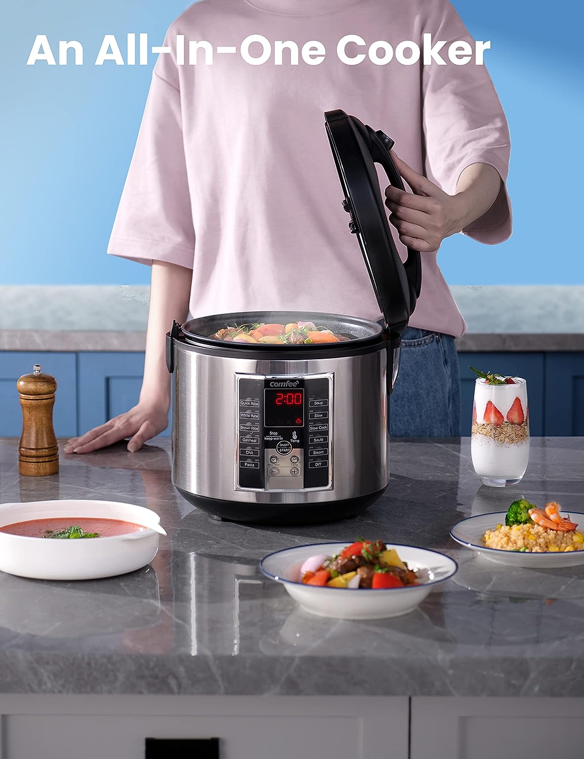 COMFEE Rice Cooker 4 Cup Stainless Steel with Steamer 6-in-1 Multi