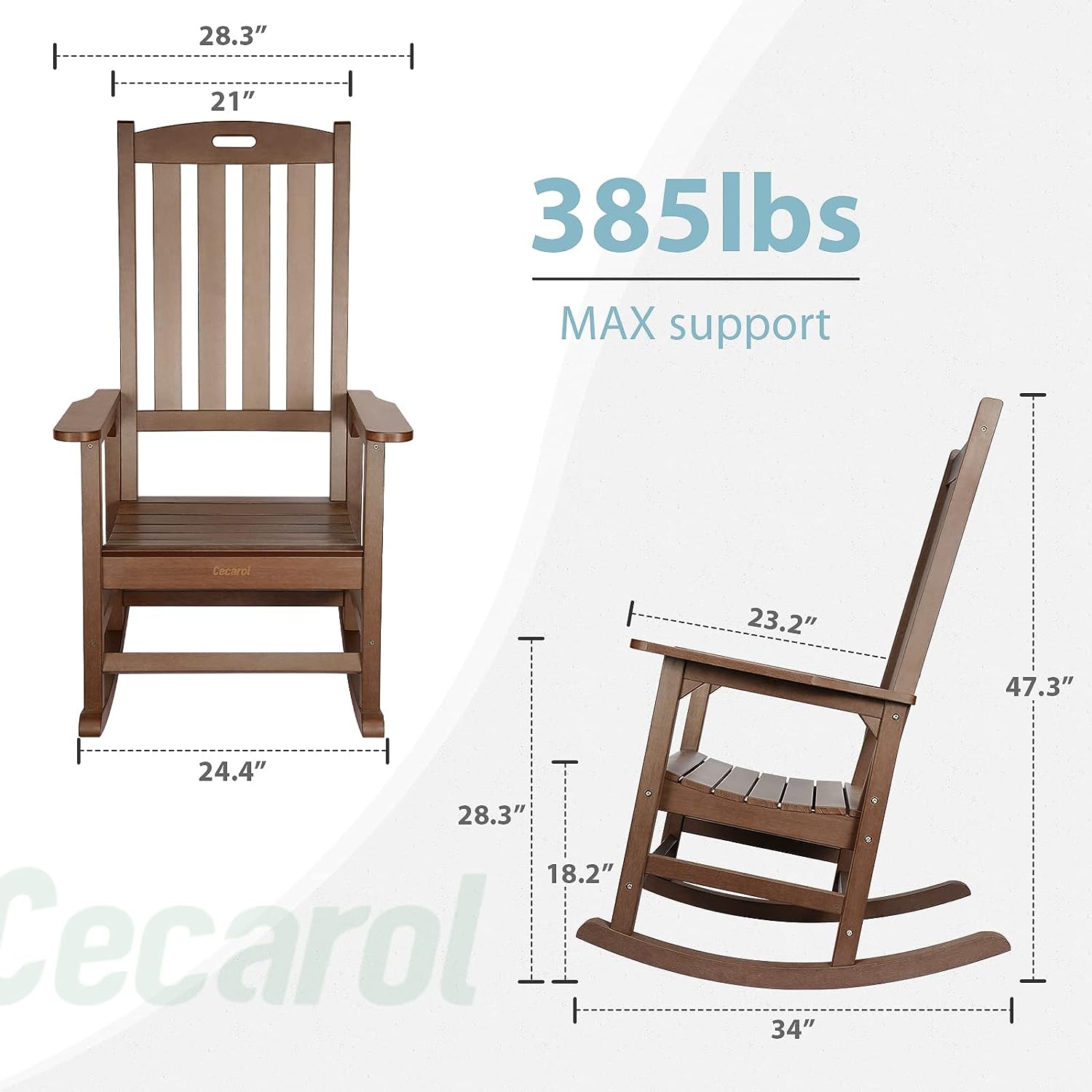 Cecarol Patio Oversized Rocking Chair Outdoor, Weather Resistant, Low  Maintenance, High Back Front Porch Rocker Chairs 385lbs Support Poly Lumber  Rocker, Wood-Like Plastic Chair, Black-PRC01