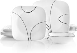 Corelle 18-Piece Service for 6 Dinnerware Set, Triple Layer Glass and Chip Resistant, Lightweight Square Plates and Bowls Set, Simple Lines