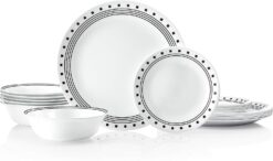 Corelle Vitrelle 18-Piece Service for 6 Dinnerware Set, Triple Layer Glass and Chip Resistant, Lightweight Round Plates and Bowls Set, City Block