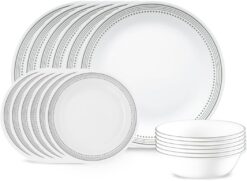 Corelle Vitrelle 18-Piece Service for 6 Dinnerware Set, Triple Layer Glass and Chip Resistant, Lightweight Round Plates and Bowls Set, Mystic Gray