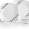 Corelle Vitrelle 18-Piece Service for 6 Dinnerware Set, Triple Layer Glass and Chip Resistant, Lightweight Square Plates and Bowls Set, Simple Sketch
