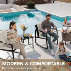 Devoko 3 Piece Rocking Bistro Set Wicker Patio Outdoor Furniture Porch Chairs Conversation Sets with Glass Coffee Table (Beige)