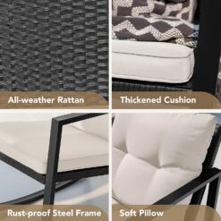 Devoko 3 Piece Rocking Bistro Set Wicker Patio Outdoor Furniture Porch Chairs Conversation Sets with Glass Coffee Table (Beige)