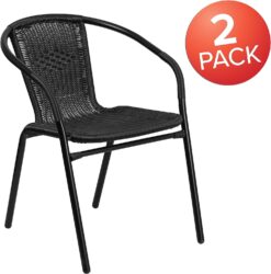 EMMA + OLIVER 2 Pack Black Rattan Indoor-Outdoor Restaurant Stack Chair with Curved Back