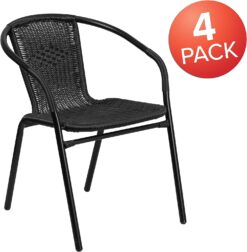EMMA + OLIVER 4 Pack Black Rattan Indoor-Outdoor Restaurant Stack Chair with Curved Back