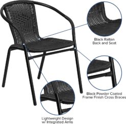 EMMA + OLIVER 4 Pack Black Rattan Indoor-Outdoor Restaurant Stack Chair with Curved Back