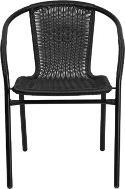 EMMA + OLIVER 4 Pack Black Rattan Indoor-Outdoor Restaurant Stack Chair with Curved Back
