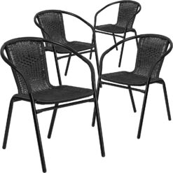 EMMA + OLIVER 4 Pack Black Rattan Indoor-Outdoor Restaurant Stack Chair with Curved Back