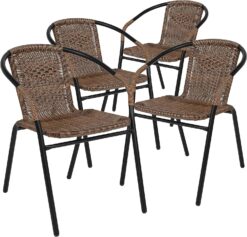 EMMA + OLIVER Patio Wicker Rattan Chair, Set of 4 Round Back Patio Dining Chairs. Stylish Look