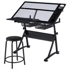 Easyfashion Adjustable Glass Top Drafting Table with Stool, Black