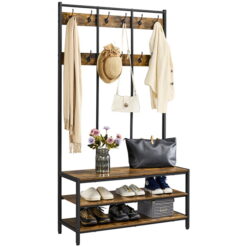 Easyfashion Industrial Hall Tree with 2 Storage Shelves, Rustic Brown
