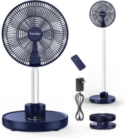 FARADAY Oscillating Standing Fan 12” Foldable Portable Quiet Floor Fan 12000mAh Rechargeable Pedestal Fan with Remote, Timer Setting, Height Adjustable Foldaway Fan for Bedroom Home Office, 6 Speed, Navy Blue