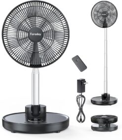 FARADAY Oscillating Standing Fan 12” Foldable Portable Quiet Floor Fan 12000mAh Rechargeable Pedestal Fan with Remote, Timer Setting, Height Adjustable Foldaway Fan for Bedroom Home Office, 6 Speed