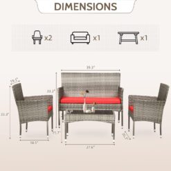 FDW 4 Pieces Outdoor Furniture Set Patio Conversation Set Wicker with Rattan Chair Loveseats Coffee Table for Outdoor Indoor Garden Backyard Porch Poolside Balcony,Gray WickerRed Cushions