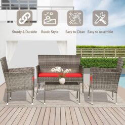FDW 4 Pieces Outdoor Furniture Set Patio Conversation Set Wicker with Rattan Chair Loveseats Coffee Table for Outdoor Indoor Garden Backyard Porch Poolside Balcony,Gray WickerRed Cushions