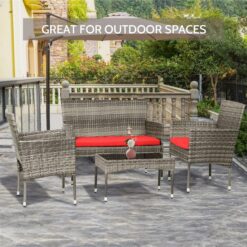 FDW 4 Pieces Outdoor Furniture Set Patio Conversation Set Wicker with Rattan Chair Loveseats Coffee Table for Outdoor Indoor Garden Backyard Porch Poolside Balcony,Gray WickerRed Cushions