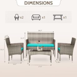 FDW Patio Conversation Set 4 Pieces Outdoor Furniture Set Wicker with Rattan Chair Loveseats Coffee Table for Outdoor Indoor Garden Backyard Porch Poolside Balcony, Gray WickerBlue Cushions,