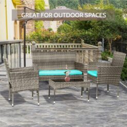 FDW Patio Conversation Set 4 Pieces Outdoor Furniture Set Wicker with Rattan Chair Loveseats Coffee Table for Outdoor Indoor Garden Backyard Porch Poolside Balcony, Gray WickerBlue Cushions,