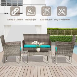 FDW Patio Conversation Set 4 Pieces Outdoor Furniture Set Wicker with Rattan Chair Loveseats Coffee Table for Outdoor Indoor Garden Backyard Porch Poolside Balcony, Gray WickerBlue Cushions,