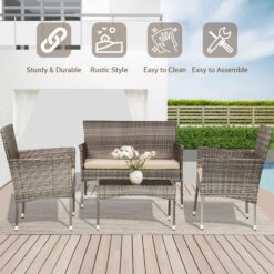 FDW Patio Conversation Set 4 Pieces Patio Furniture Set Wicker with Rattan Chair Loveseats Coffee Table for Outdoor Indoor Garden Backyard Porch Poolside Balcony,Gray WickerKhaki Cushions