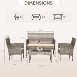 FDW Patio Conversation Set 4 Pieces Patio Furniture Set Wicker with Rattan Chair Loveseats Coffee Table for Outdoor Indoor Garden Backyard Porch Poolside Balcony,Gray WickerKhaki Cushions