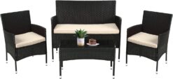 FDW Patio Furniture Set 4 Pieces Outdoor Rattan Chair Wicker Sofa Garden Conversation Bistro Sets for Yard,Pool or Backyard black