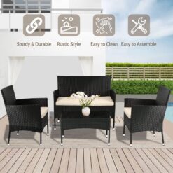 FDW Patio Furniture Set 4 Pieces Outdoor Rattan Chair Wicker Sofa Garden Conversation Bistro Sets for Yard,Pool or Backyard black