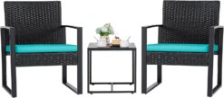 Flamaker 3 Pieces Patio Set Outdoor Wicker Patio Furniture Sets Modern Bistro Set Rattan Chair Conversation Sets with Coffee Table for Yard and Bistro (Blue)