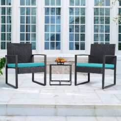 Flamaker 3 Pieces Patio Set Outdoor Wicker Patio Furniture Sets Modern Bistro Set Rattan Chair Conversation Sets with Coffee Table for Yard and Bistro (Blue)