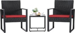 Flamaker 3 Pieces Wicker Patio Furniture Outdoor Modern Rattan Chair Conversation Sets with Coffee Table for Yard and Bistro (Red)
