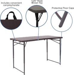 Flash Furniture Mills 4-Foot Height Adjustable Bi-Fold Brown Wood Grain Plastic Folding Table with Carrying Handle