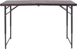 Flash Furniture Mills 4-Foot Height Adjustable Bi-Fold Brown Wood Grain Plastic Folding Table with Carrying Handle