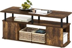 Furinno JAYA Utility Design Coffee Table TV Stand for TV up to 55 Inch with Open Storage, Amber PineBlack