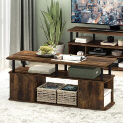 Furinno JAYA Utility Design Coffee Table TV Stand for TV up to 55 Inch with Open Storage, Amber PineBlack