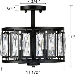 Giiland Modern Crystal Semi Flush Mount Ceiling Light Industrial Close to Ceiling Light Crystal Drum Shade Chandelier, 3-Light Black Ceiling Lamp for Dining Room Bedroom Kitchen Island Hallway Entryway