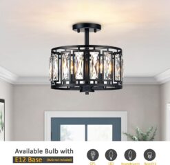 Giiland Modern Crystal Semi Flush Mount Ceiling Light Industrial Close to Ceiling Light Crystal Drum Shade Chandelier, 3-Light Black Ceiling Lamp for Dining Room Bedroom Kitchen Island Hallway Entryway