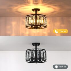Giiland Modern Crystal Semi Flush Mount Ceiling Light Industrial Close to Ceiling Light Crystal Drum Shade Chandelier, 3-Light Black Ceiling Lamp for Dining Room Bedroom Kitchen Island Hallway Entryway