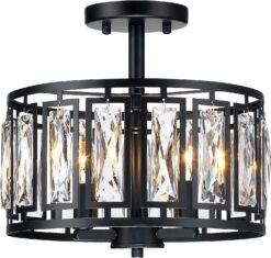 Giiland Modern Crystal Semi Flush Mount Ceiling Light Industrial Close to Ceiling Light Crystal Drum Shade Chandelier, 3-Light Black Ceiling Lamp for Dining Room Bedroom Kitchen Island Hallway Entryway