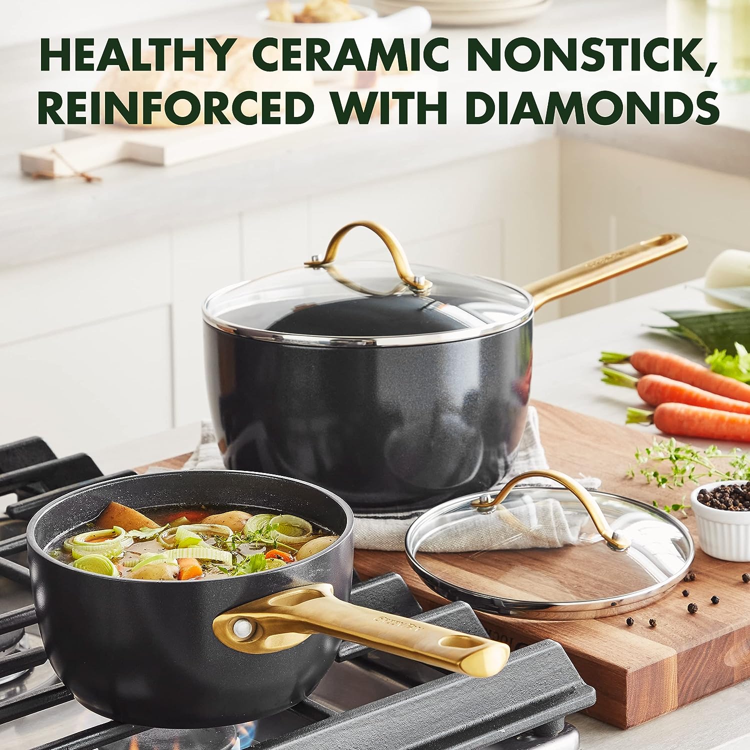 GreenPan Reserve Hard Anodized Healthy Ceramic Nonstick 8 and 10 Frying  Pan Skillet Set, Gold Handle, Induction, Induction, PFAS-Free, Dishwasher