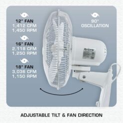 Hurricane Supreme 12 Inch Oscillating Wall Mount Fan with 3 Speed Settings and 90 Degree Oscillation, White