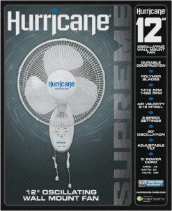 Hurricane Supreme 12 Inch Oscillating Wall Mount Fan with 3 Speed Settings and 90 Degree Oscillation, White