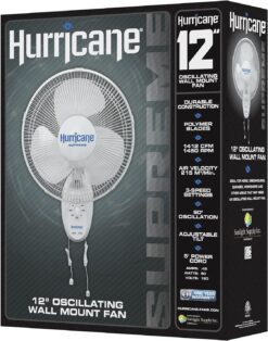 Hurricane Supreme 12 Inch Oscillating Wall Mount Fan with 3 Speed Settings and 90 Degree Oscillation, White