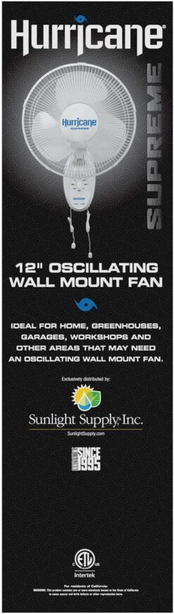 Hurricane Supreme 12 Inch Oscillating Wall Mount Fan with 3 Speed Settings and 90 Degree Oscillation, White