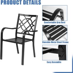 Incbruce 300lbs Patio Chairs Set of 4 Outdoor Dining Chairs, Metal Frame Stackable Patio Dining Chairs, Wrought Iron Black Outdoor Chairs with Armrest for Garden, Poolside, Backyard