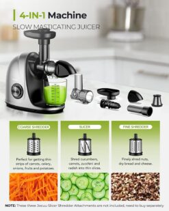 Jocuu Slow Masticating Juicer with SoftHard Modes Easy to Clean Quiet Motor & Reverse Function, Cold Press Juicer for Fruit & Vegetable, 90% Juice Yield, with Brush & Recipes (Grey)