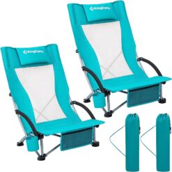 KingCamp Low Sling Beach Chairs,Folding High Mesh Reclining Back Chair for Adults with Headrest,Cup Holder,Carry Bag