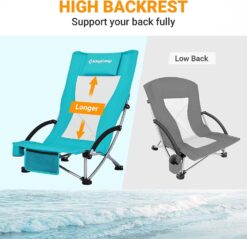 KingCamp Low Sling Beach Chairs,Folding High Mesh Reclining Back Chair for Adults with Headrest,Cup Holder,Carry Bag