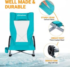 KingCamp Low Sling Beach Chairs,Folding High Mesh Reclining Back Chair for Adults with Headrest,Cup Holder,Carry Bag